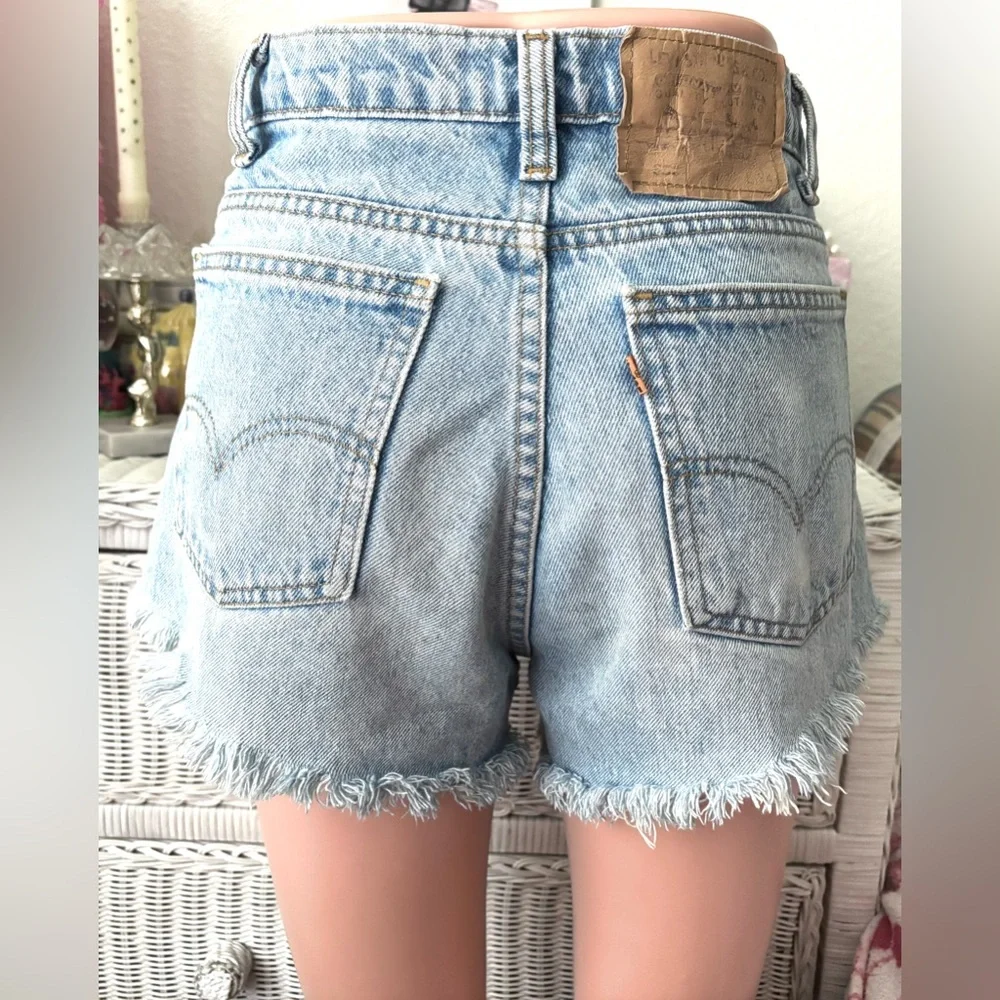 Vintage Levi’s Cutoff Shorts Handmade high rise in blue wash Orange Tag Size 34